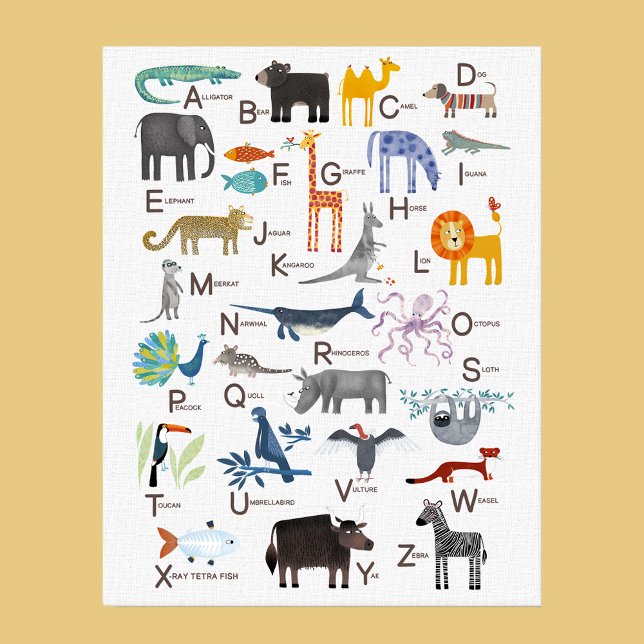 Em Tela Crianças Animal ABC Alfabet Impressão (Cute animal ABC alphabet for newborn, boy or girl gender neutral nursery or kids room decor wall art)
