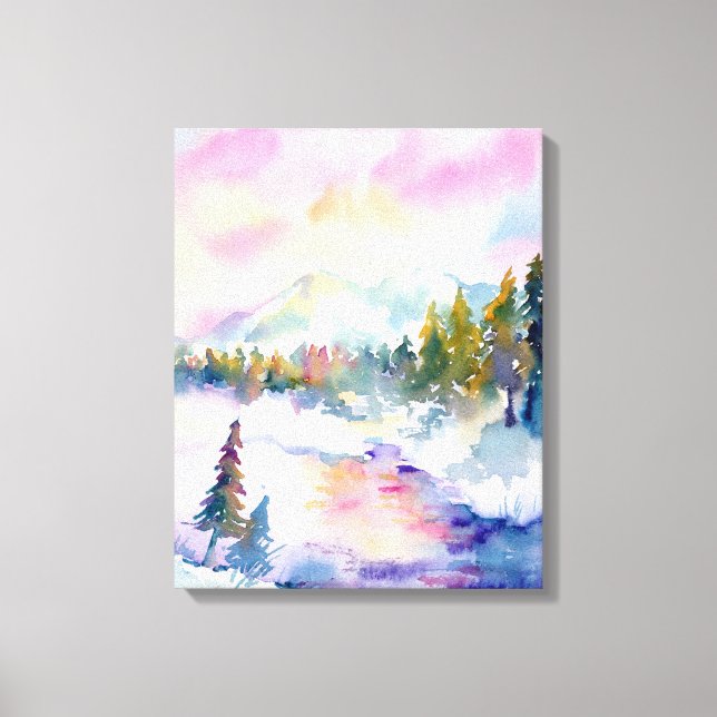 Em Tela Impressão de montanha de neve com aquarela (Frente)