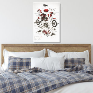 Em Tela Impressão Técnica Explodida de Motocicleta Vintage