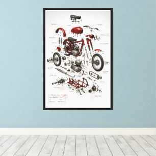 Em Tela Impressão Técnica Explodida de Motocicleta Vintage