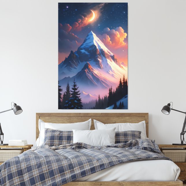 Em Tela Lua Sobre Montanhas | Impressão Noturna Celestial (Insitu(Quarto))