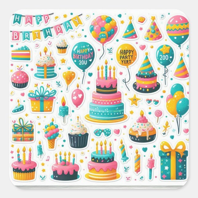 Embalagem com adesivo de aniversário festivo" (Frente)