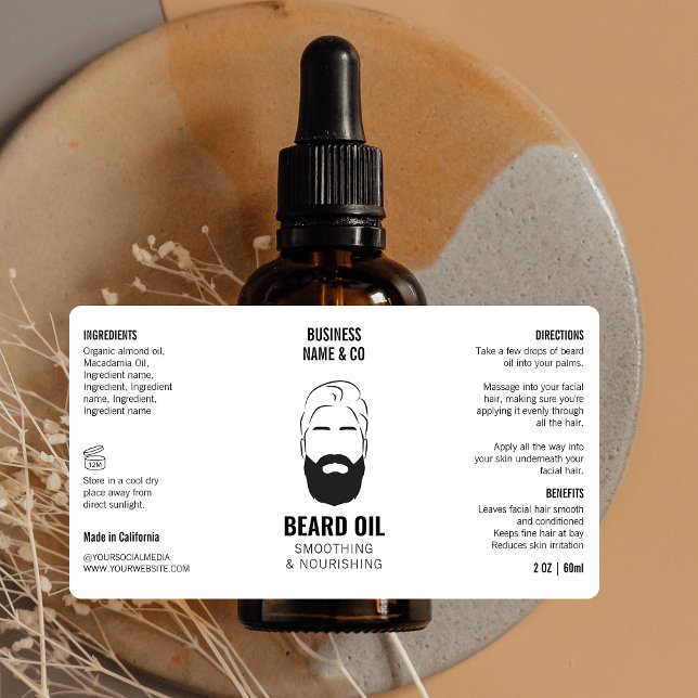 Embalagem de produto Mens de etiquetas de óleo de  (Stylish beard and moustache oil bottle wrapper label design with icon and product ingredients)