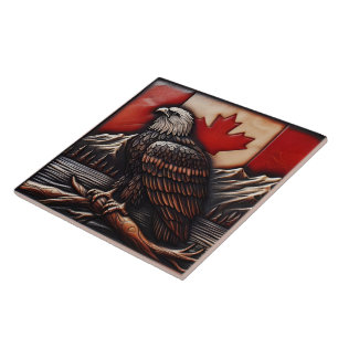 Emblema da águia na bandeira canadense com montanh