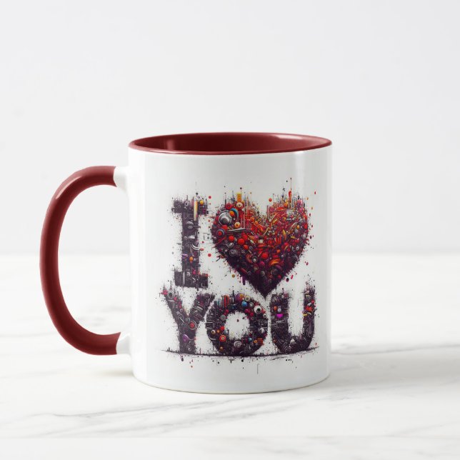 Embraçar numa caneca com palavras "Eu te amo" (Esquerda)