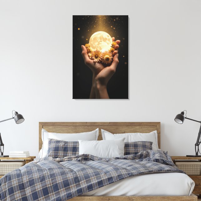Embraço Celestial: Lua e Flores de Arte Canvas (Insitu(Quarto))
