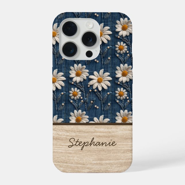 Embroidered Daisy Denim Phone Case with Name (Verso)