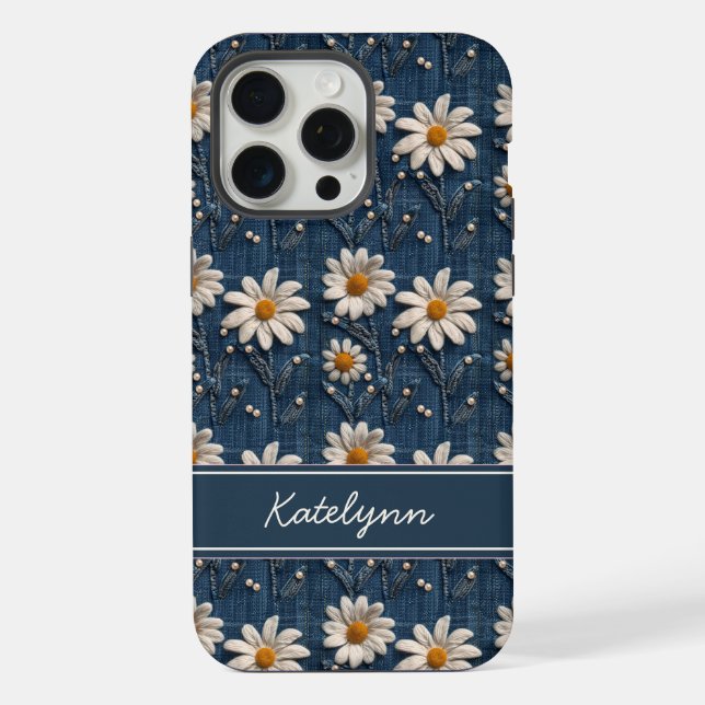 Embroidered Daisy Denim Phone Case with Name (Verso)