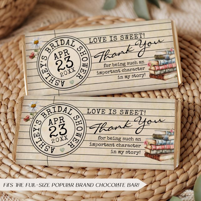 Embrulho de Favor de Barra de Chocolate para Chá d (Love is sweet vintage watercolor library card books DIY bridal shower chocolate bar favor wrapper)