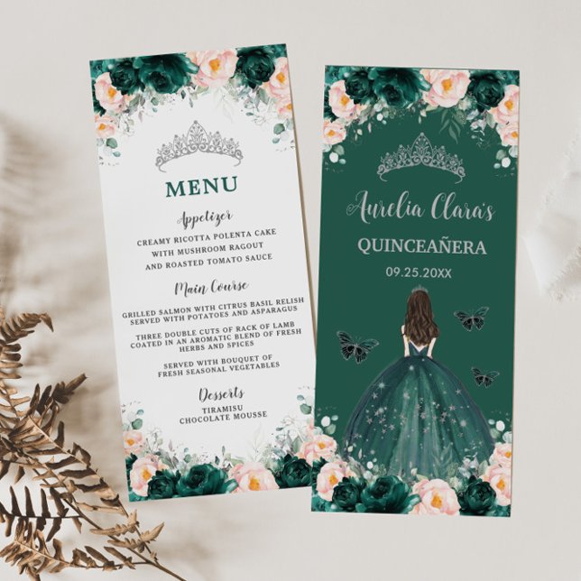 Emerald Blush Floral Princess Quinceañera Menu (Criador carregado)
