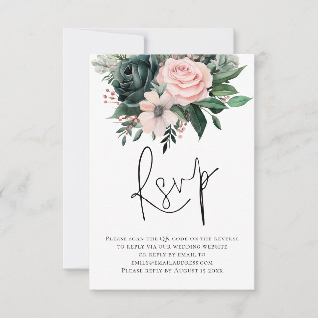 Emerald Blush Florals Script QR Code Weding RSVP (Frente)
