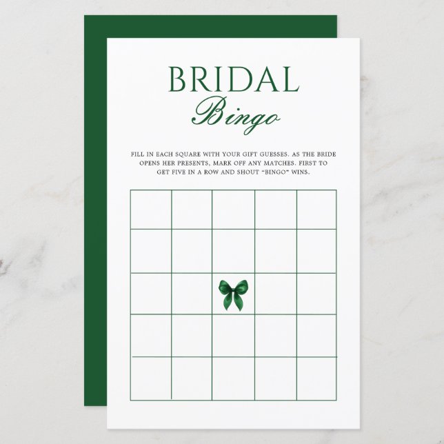 Emerald Bow Bridal Shower Bingo Game (Frente/Verso)