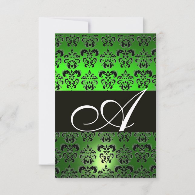 EMERALD GREEN BLACK WHITE DAMASK MONOGRAM RSVP (Frente)