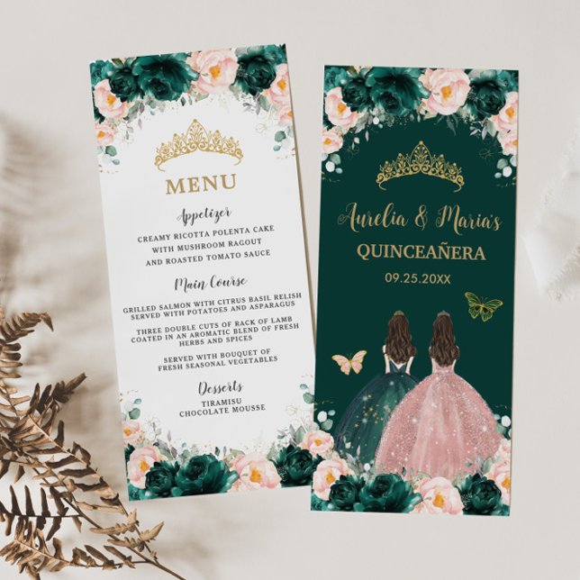 Emerald Green Blush Floral Twins Quinceañera Menu (Criador carregado)