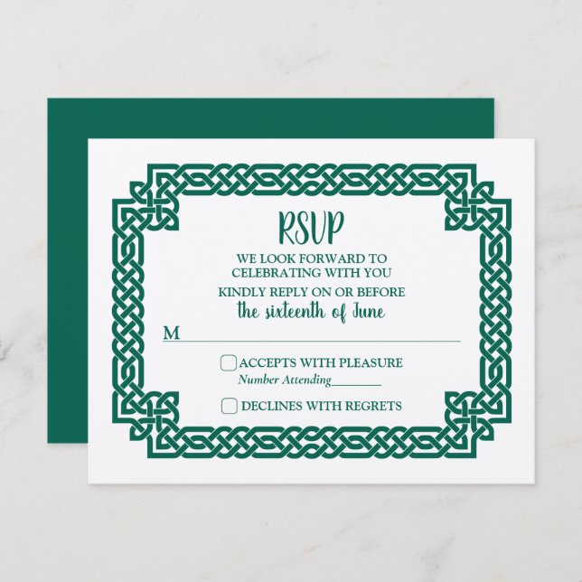 Emerald Green Celtic Knot Claddagh Wedding RSVP (Frente/Verso)