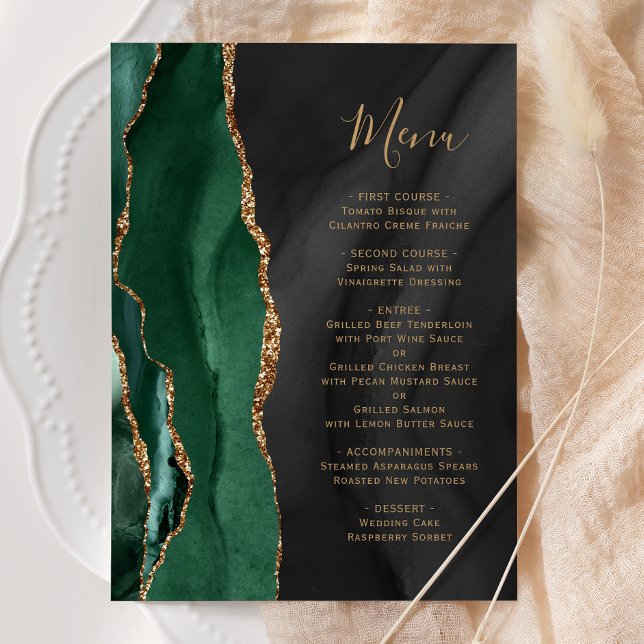 Emerald Green Dourado Black Agate Menu Casamento (Criador carregado)