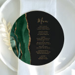 Emerald Green Dourado Dark Round Plate Menu<br><div class="desc">A borda esquerda deste elegante cardápio moderno de casamento apresenta uma esmeralda verde aquarela agata borda com falsa brilho dourado. O texto personalizável combina o script de escrita manual branco dourado e as fontes de impressão em um fundo preto de ardósia. O verso apresenta um design emerald verde e dourado....</div>