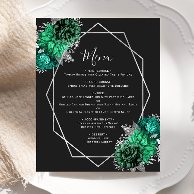 Emerald Green Floral Black Weding Menu (Criador carregado)