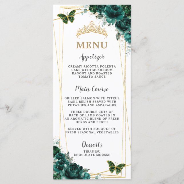 Emerald Green Floral Butterflies Quinceanera Menu (Frente)