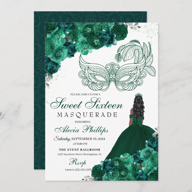 Emerald Green Floral Mascarada Sweet 16 Convite (Frente/Verso)