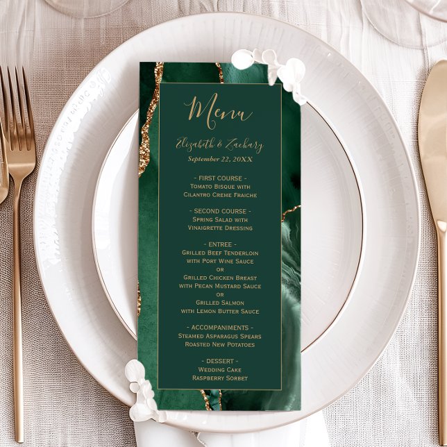 Emerald Green Gold Script Wedding Menu (Criador carregado)
