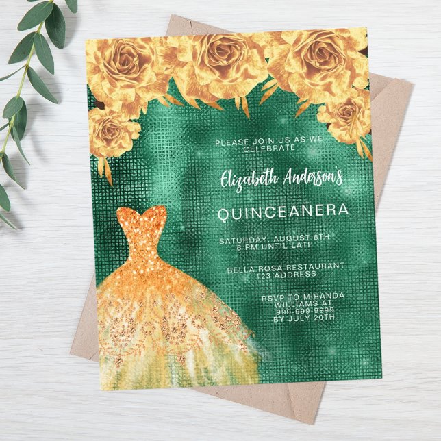 Emerald green gold vestido orçamento floral Quince (Criador carregado)