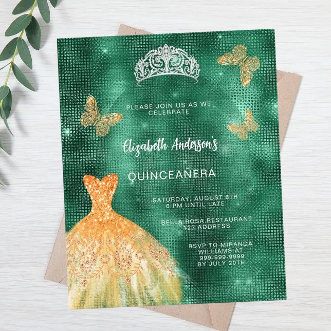 Emerald Green gold vestido tiara Budget Quinceaner (Criador carregado)