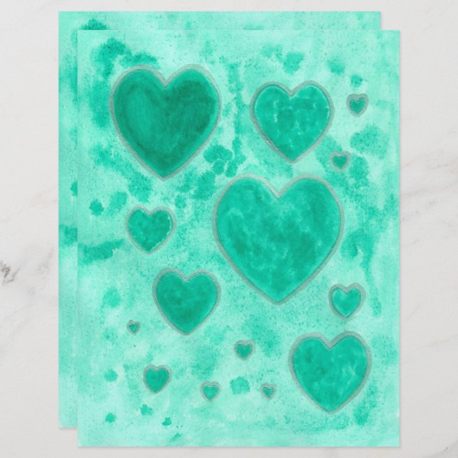 Emerald Green Hearts Watercolor Scrapbook Paper (Frente/Verso)