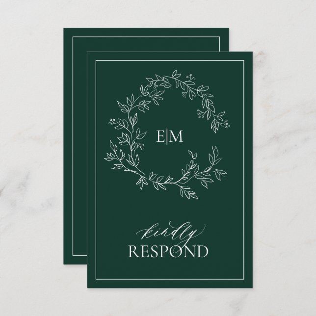 Emerald Green Leafy Crest Monograma Wedding RSVP (Frente/Verso)