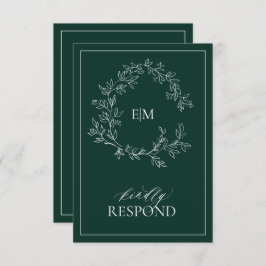 Emerald Green Leafy Crest Monograma Wedding RSVP