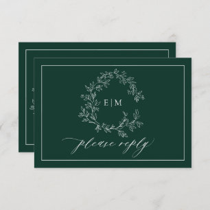 Emerald Green Leafy Crest Monograma Wedding RSVP
