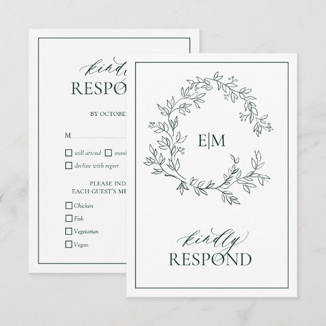 Emerald Green Leafy Crest Monograma Wedding RSVP (Frente/Verso)
