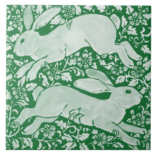 Emerald Green Leaping Rabbits Chinoiserie Floral  (Frente)