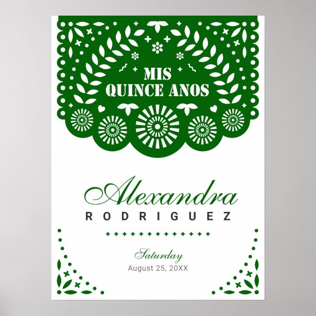 Emerald Green Papel Picado Mis Quince Años Poster (Frente)