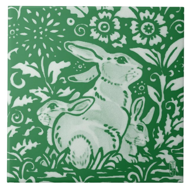 Emerald Green Rabbit Mãe Família Chinoiserie Flora (Frente)