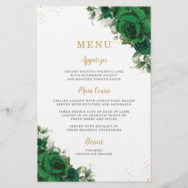 Emerald Green Roses Floral Flowers Menu Sheet  (Frente)