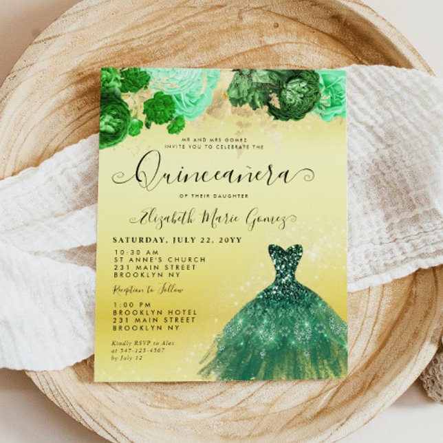 Emerald Green Vestido Dourado Floral Quinceanera (Budget Emerald Green Gold Dress Floral Quinceanera Birthday Invitation)