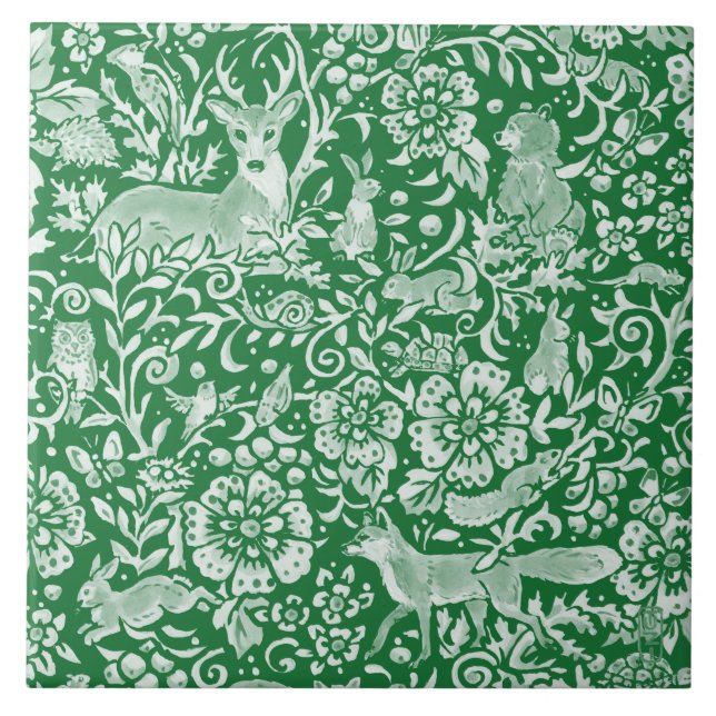 Emerald Green Woodland Animal Deer Rabbit Floral (Frente)