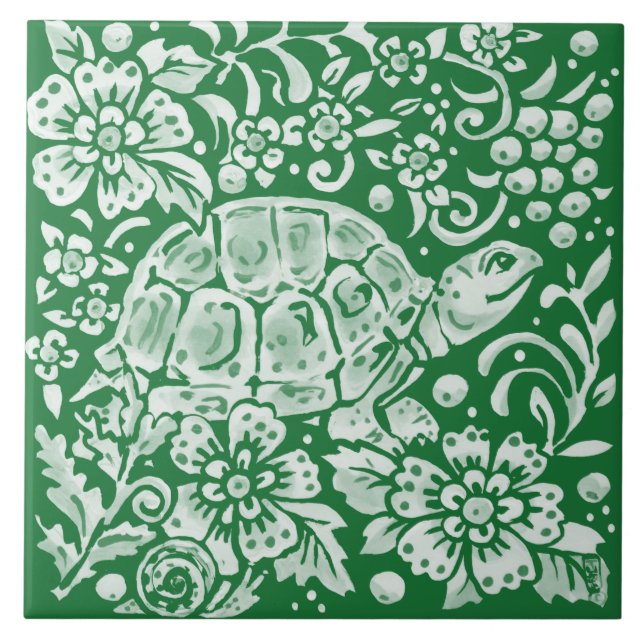 Emerald Green Woodland Turtle Intricate Floral (Frente)