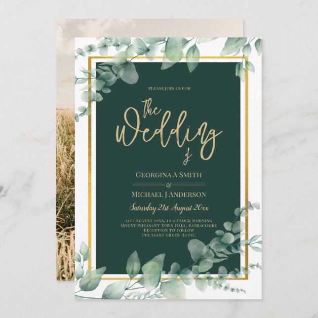 Emerald Greenery, Dourado CONVITE DE CASAMENTO FOT (Frente/Verso)