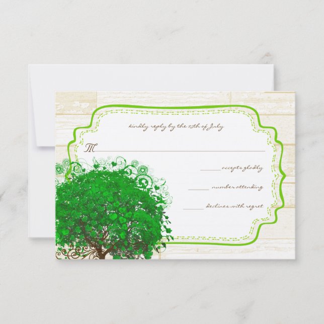 Emerald Heart Leaf Tree Barn Wood Weding RSVP (Frente)