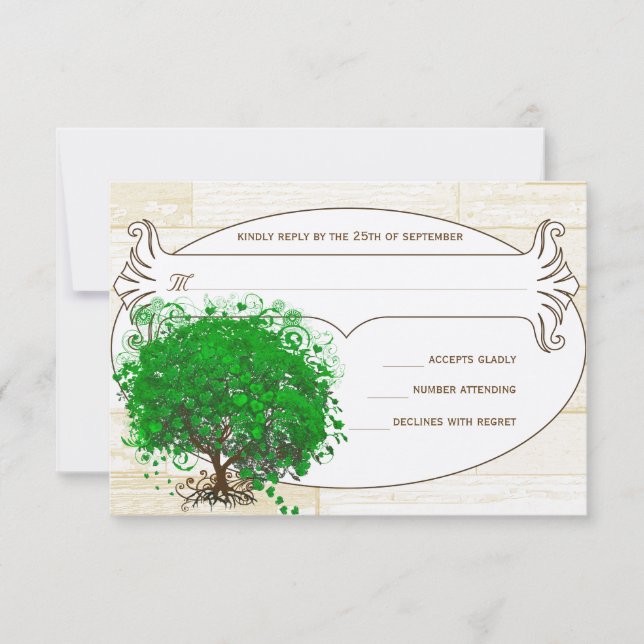 Emerald Heart Leaf Tree Barn Wood Weding RSVP (Frente)
