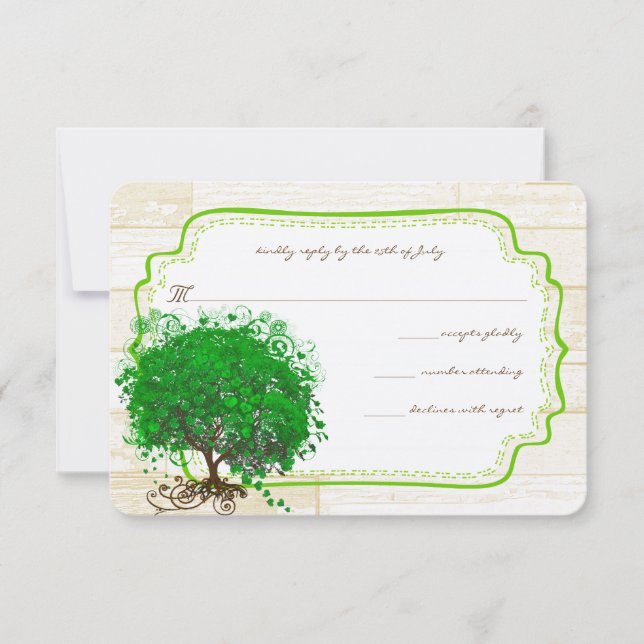 Emerald Heart Leaf Tree Barn Wood Weding RSVP (Frente)