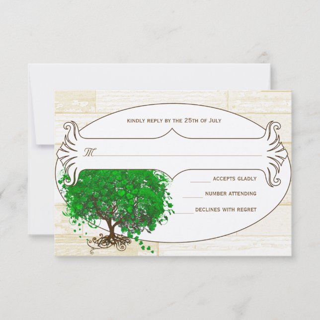 Emerald Heart Leaf Tree Barn Wood Weding RSVP (Frente)