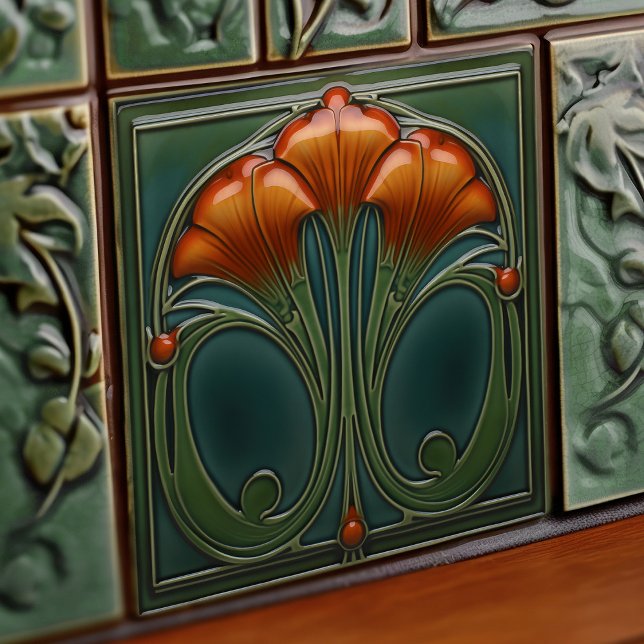 Emerald Orange Wall Decor Art Nouveau Ceram (Criador carregado)