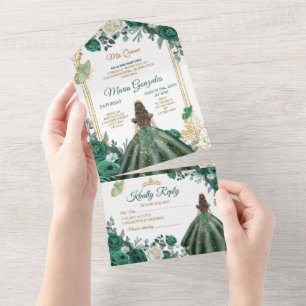 Emerald Verde Floral Princesa Dourada Quinceañera