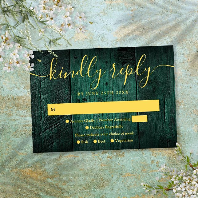 Emerald Verde Madeira Rústica Boho Casamento RSVP (Emerald Green Rustic Barn Wood Boho Wedding RSVP)