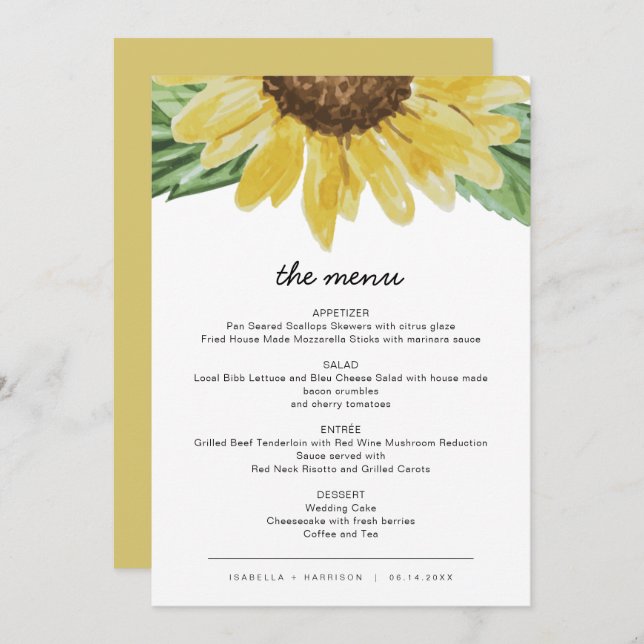 Emma - Cartões de Menu de Casamento de Girassol Ru (Frente/Verso)