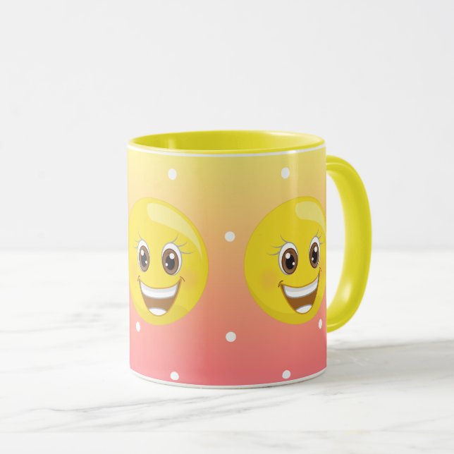Emoji amarelo feliz super pontilha a caneca (Frente Esquerda)