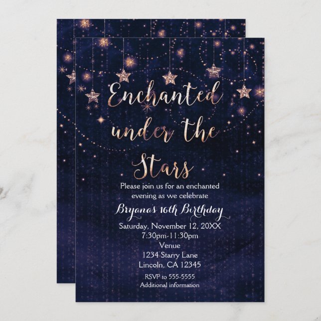 Encantado sob o convite das estrelas Roxo e Dourad (Frente/Verso)